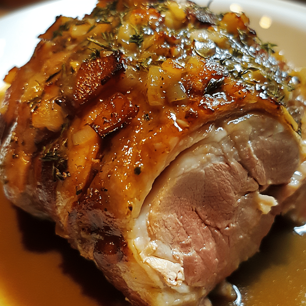 Roast leg of lamb with gravy, ready to serve