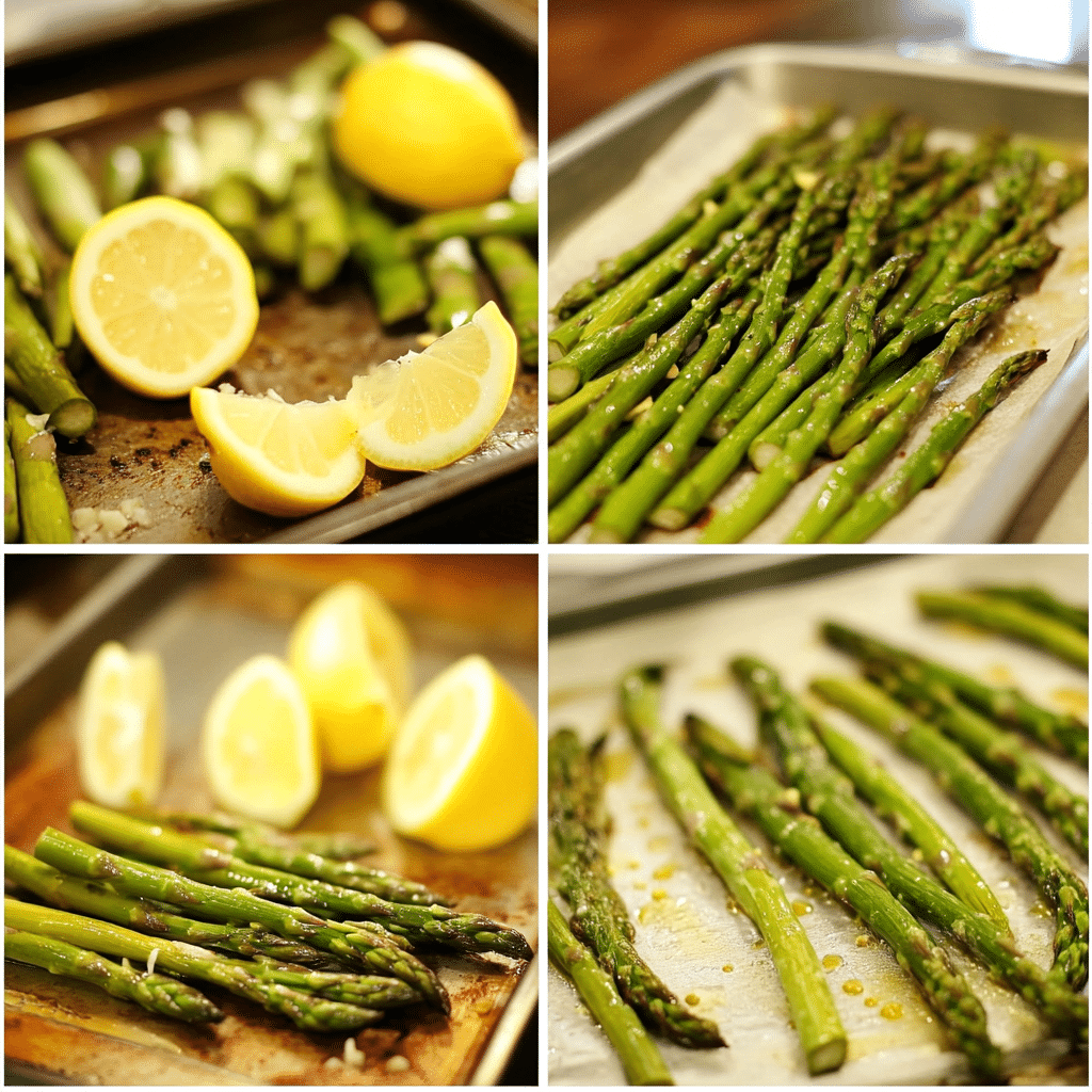 Four panel collage showing trimming asparagus, tossing with oil, roasting on a pan, and finishing with lemon and parmesan