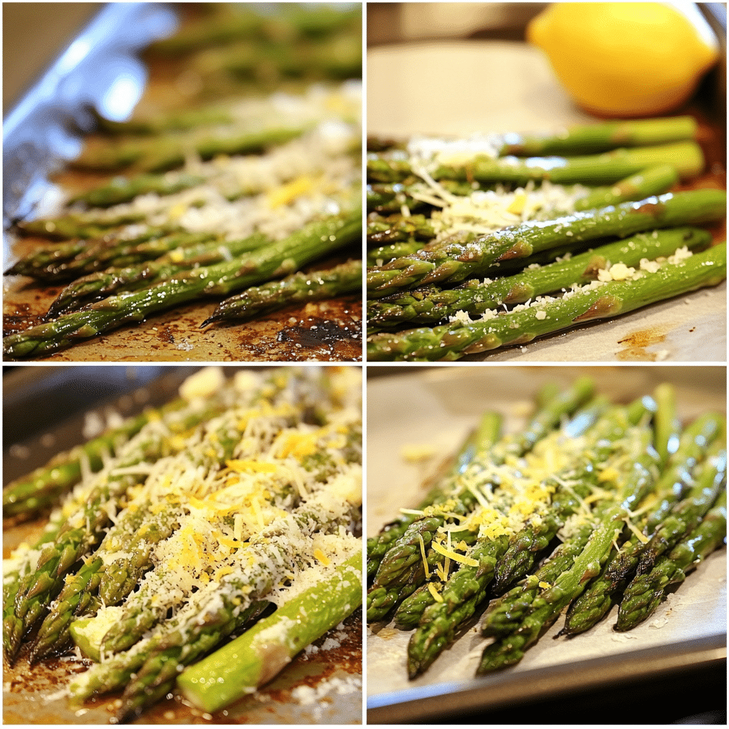 Four panel collage showing the steps for making roasted asparagus with parmesan