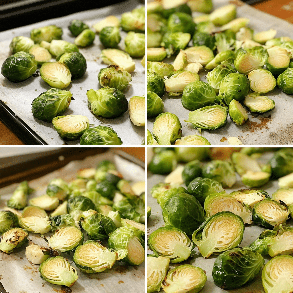 Four-panel collage showing the process of making roasted Brussels sprouts