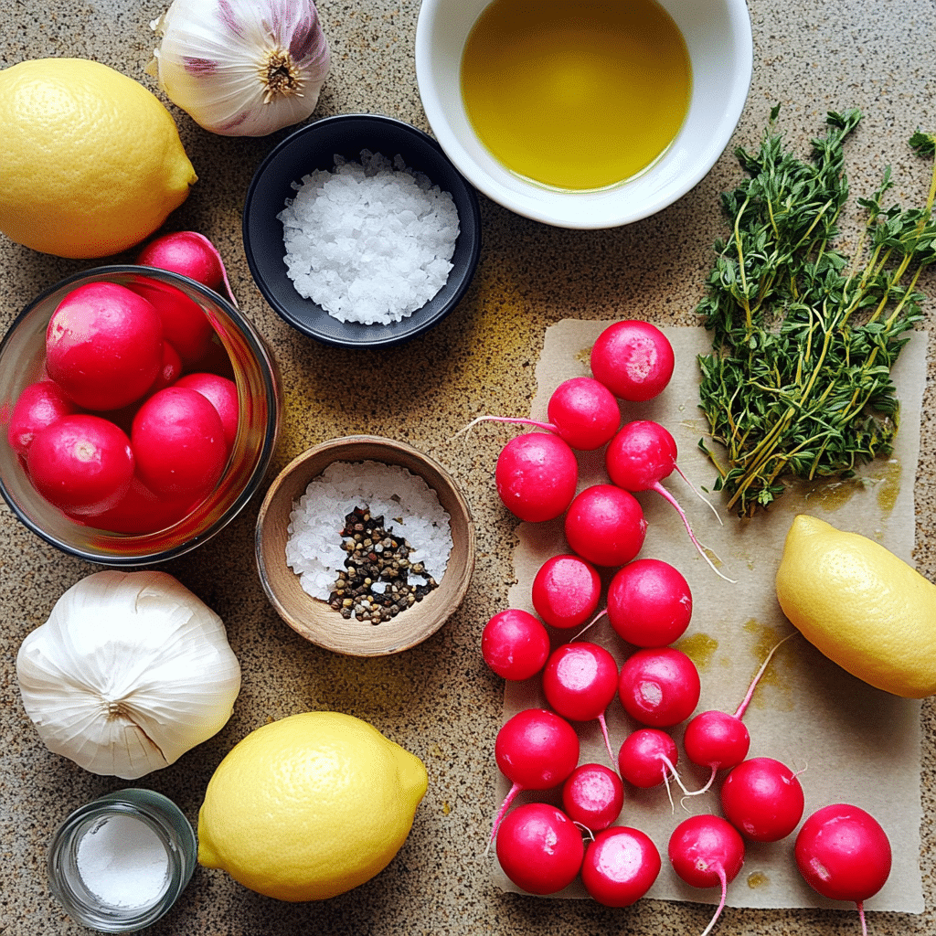 ingredients for roasted radishes including radishes olive oil garlic salt pepper herbs and lemon