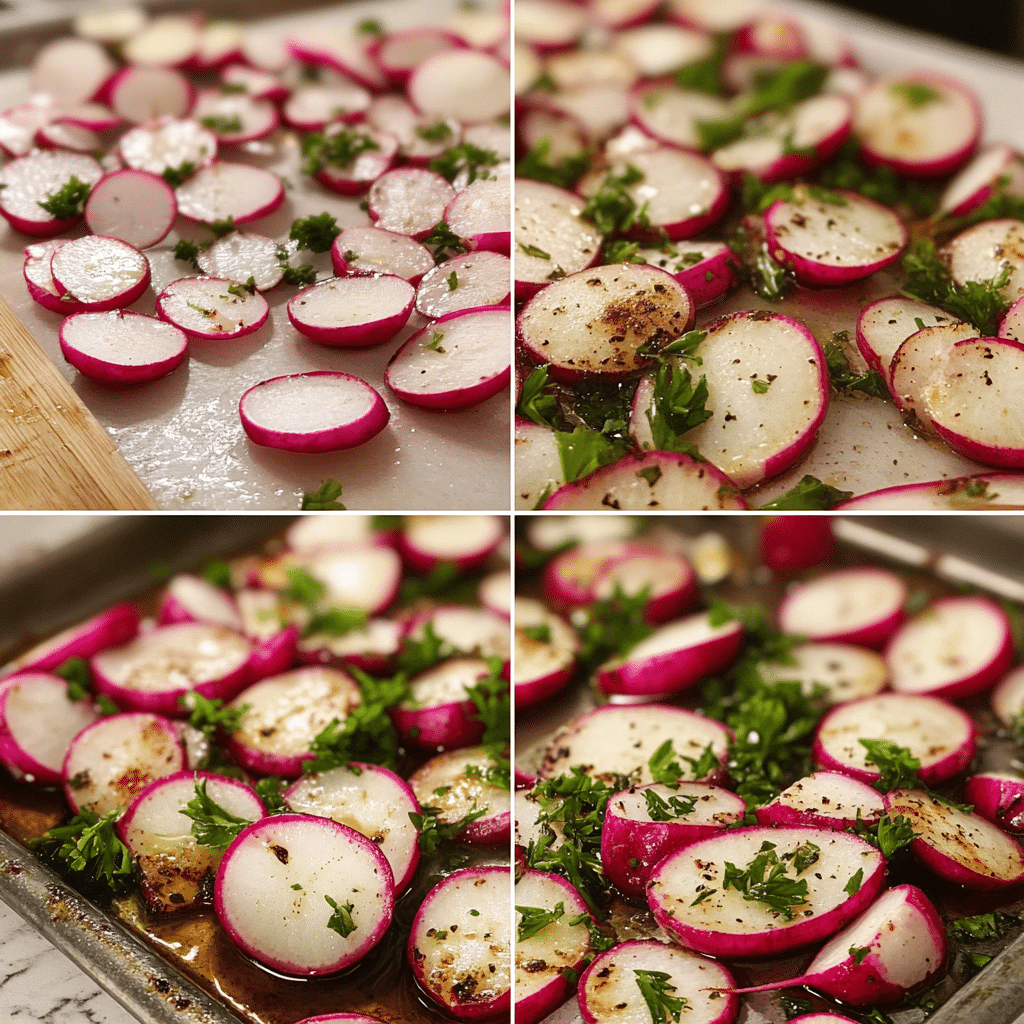 four panel collage showing steps to make garlic roasted radishes