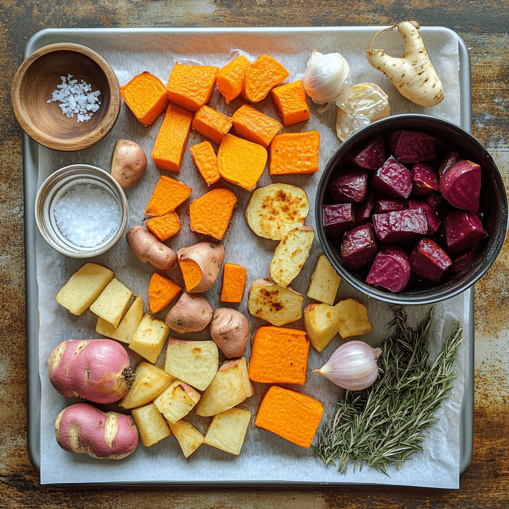 ingredients for roasted root vegetables including carrots parsnips sweet potatoes beets onion olive oil and herbs