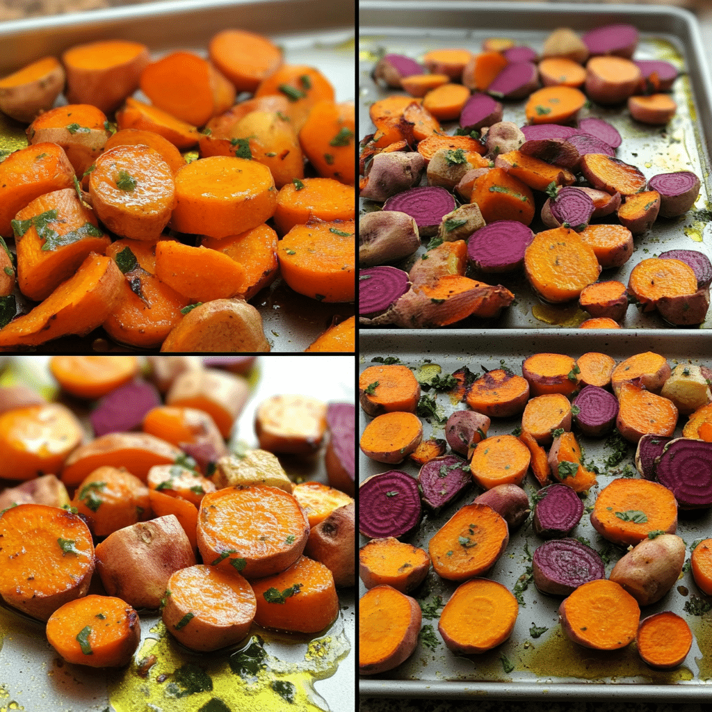 four panel collage showing steps to make roasted root vegetables
