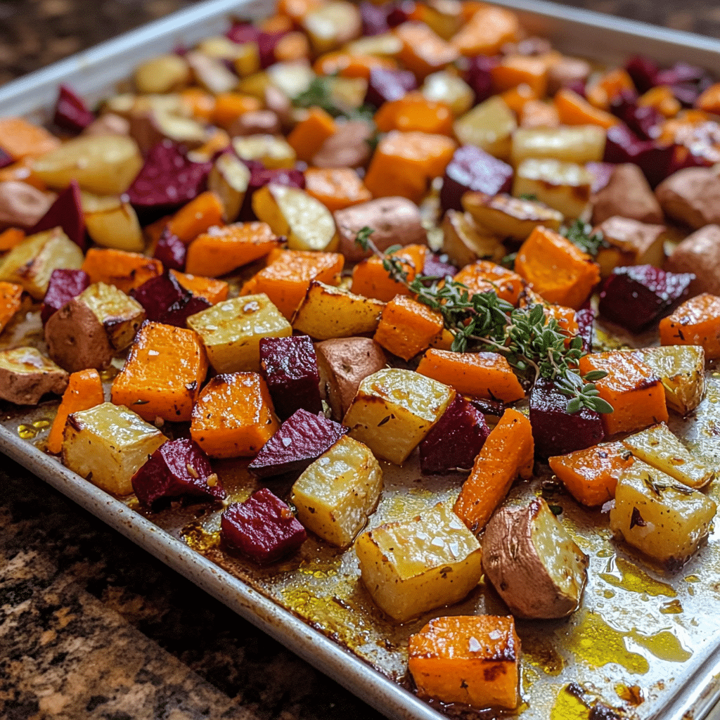 sheet pan roasted root vegetables with carrots parsnips sweet potatoes and beets