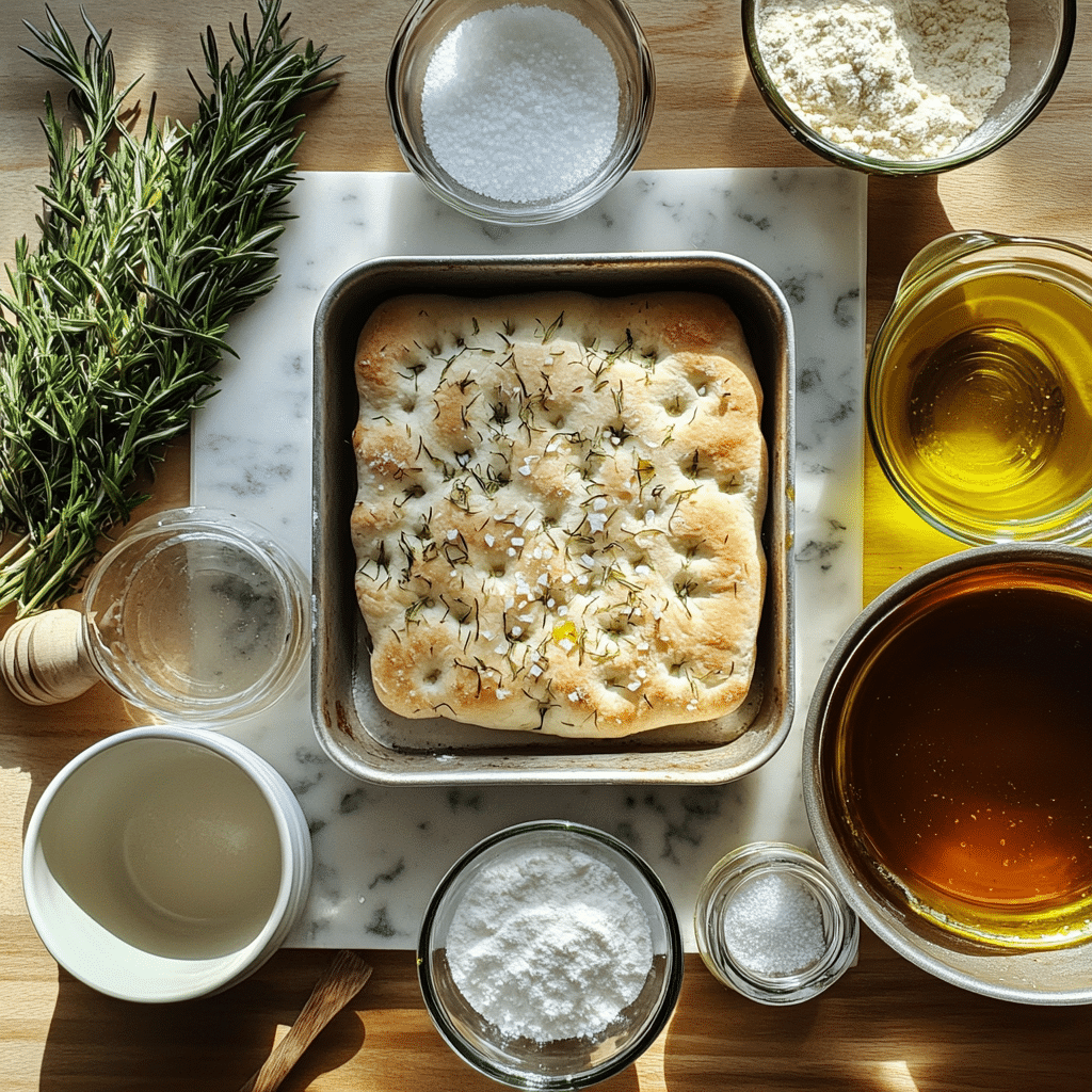 ingredients for rosemary focaccia including flour yeast warm water olive oil salt honey and rosemary