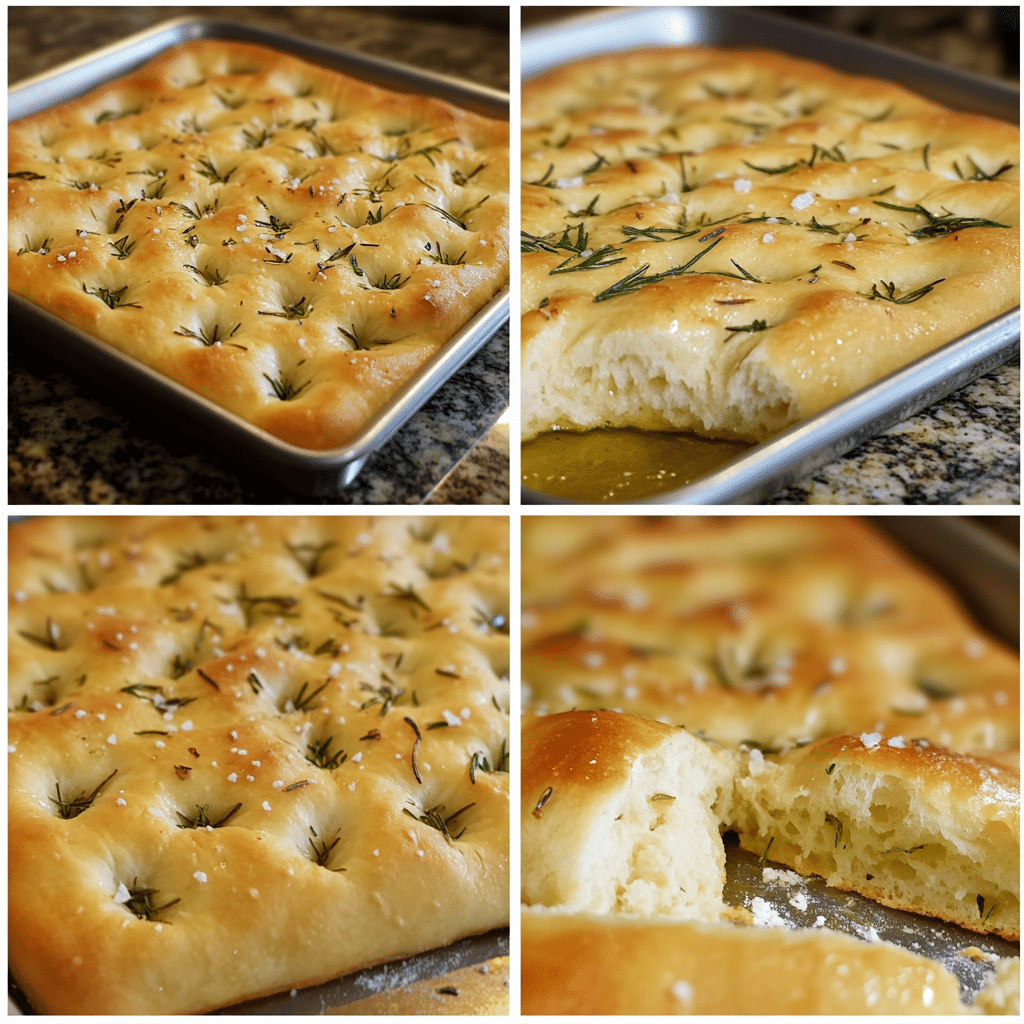four panel collage showing steps to make rosemary focaccia bread