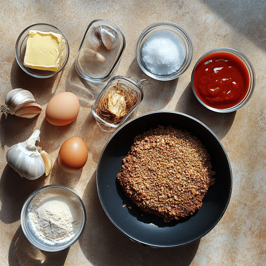 ingredients for salisbury steak including ground beef breadcrumbs egg mushrooms broth and flour