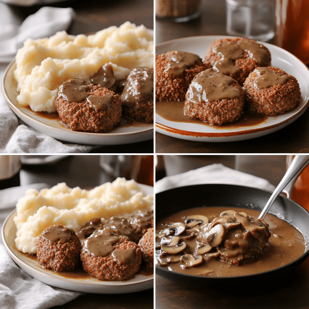 four panel collage showing steps to make salisbury steak with mushroom gravy