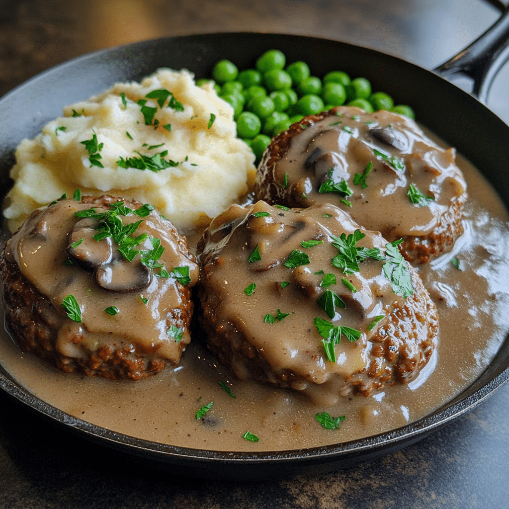 salisbury steak patties in mushroom gravy in a skillet