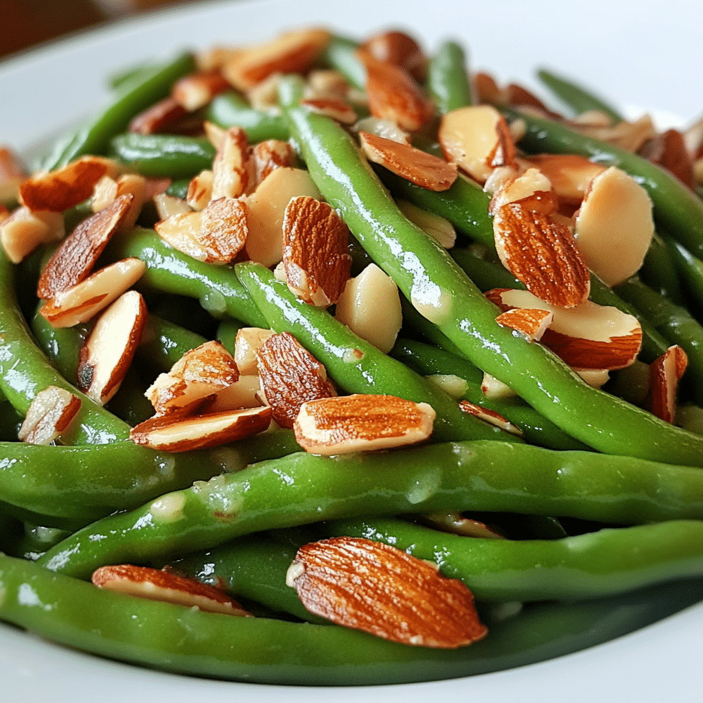 Close-up of sautéed green beans almondine topped with toasted almonds