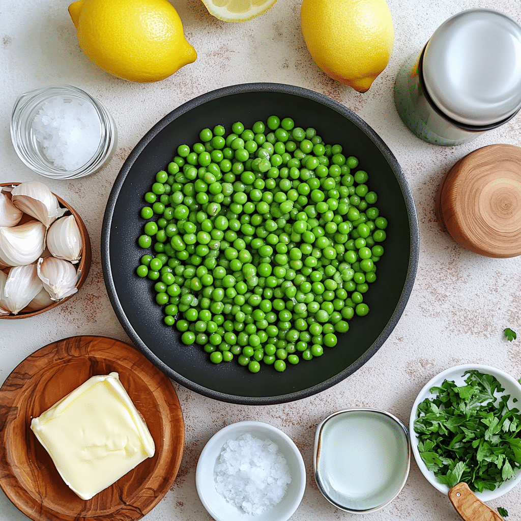 ingredients for sautéed peas and onions including peas onions butter broth garlic and parsley