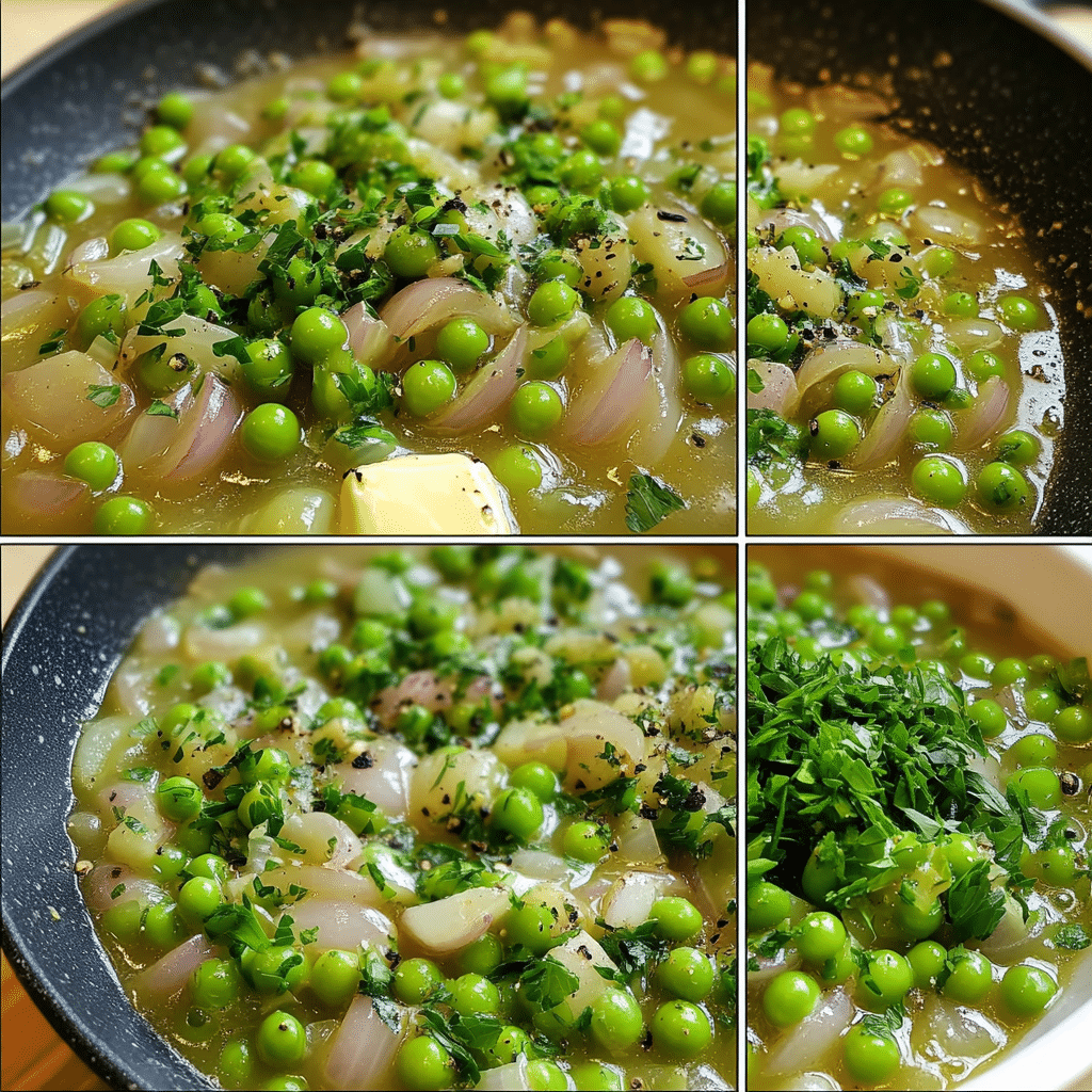four panel collage showing steps to make sautéed peas and onions