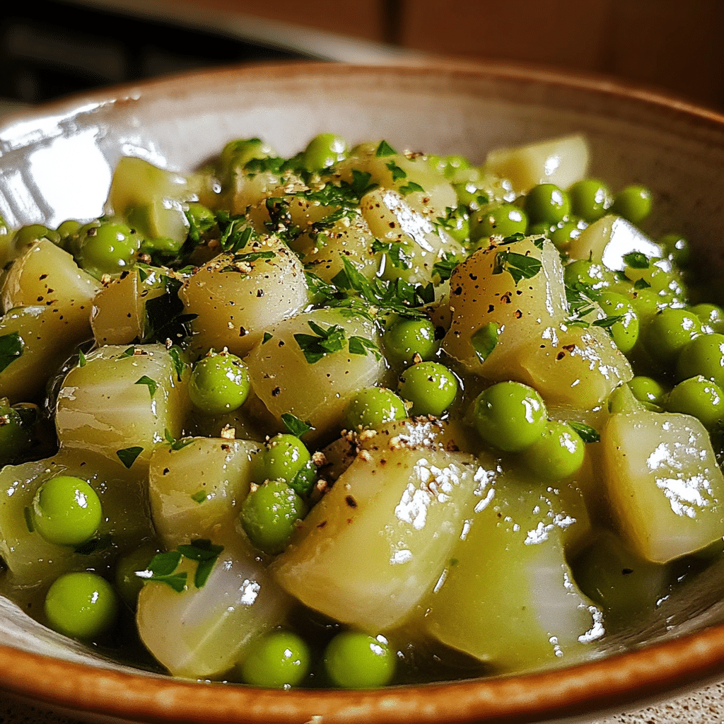 sautéed peas and onions in a bowl with parsley and black pepper