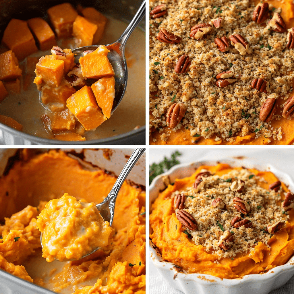 Four-panel collage showing sweet potatoes boiled mashed topped and baked into a savory casserole