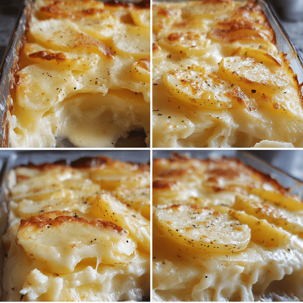 Four panel collage showing the steps for making scalloped potatoes