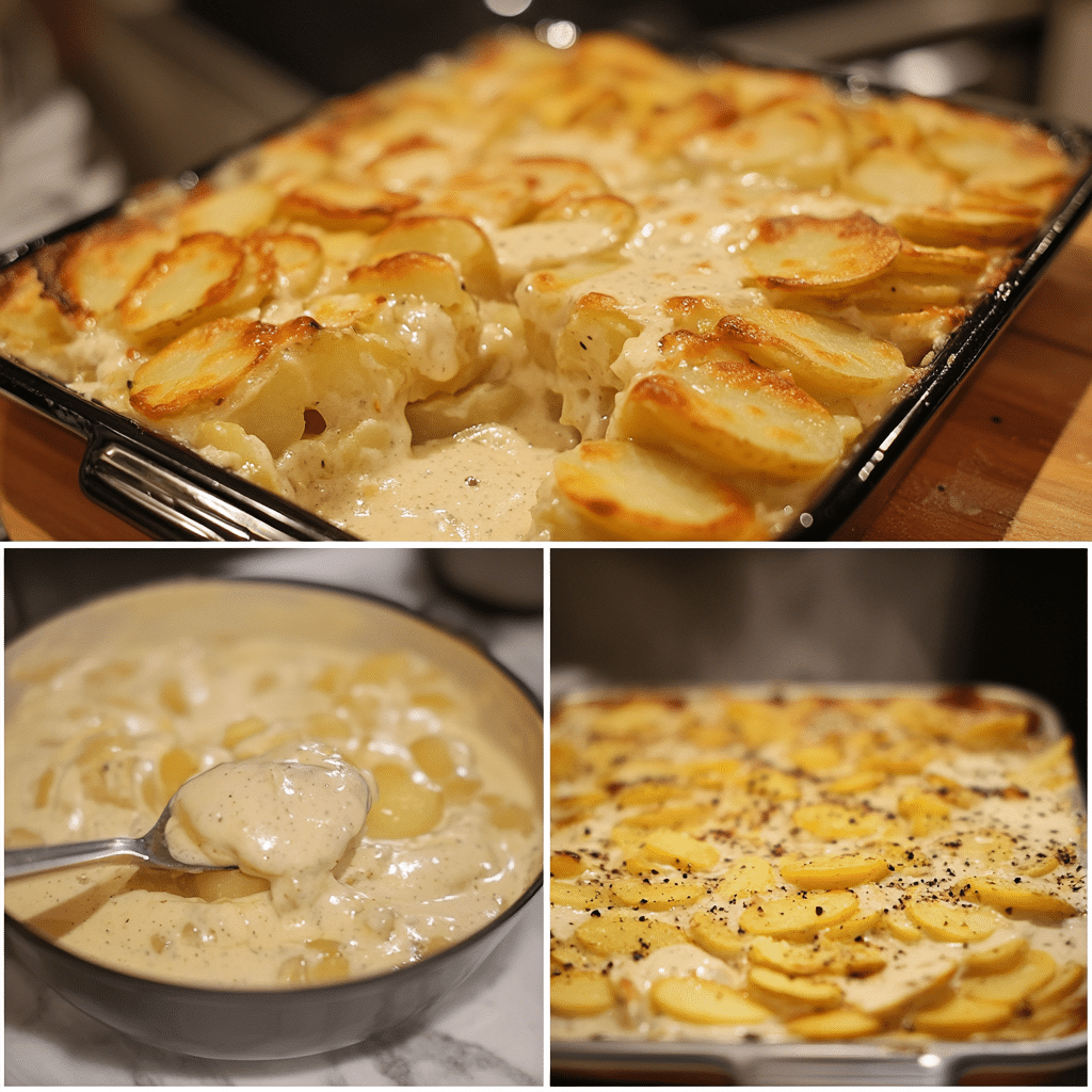 Four panel collage showing slicing potatoes, making sauce, layering in a dish, and baked scalloped potatoes