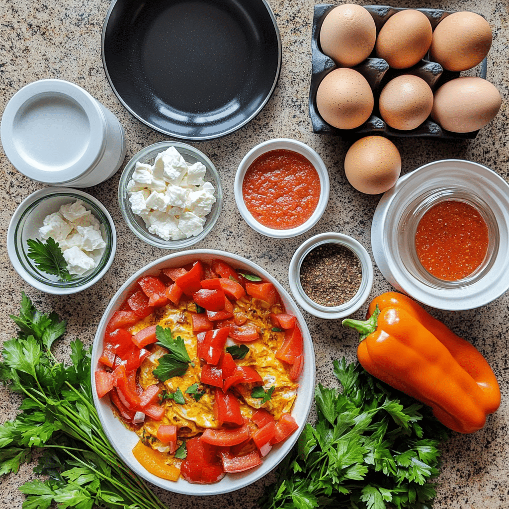 Shakshuka ingredients including tomatoes peppers onion garlic eggs and spices