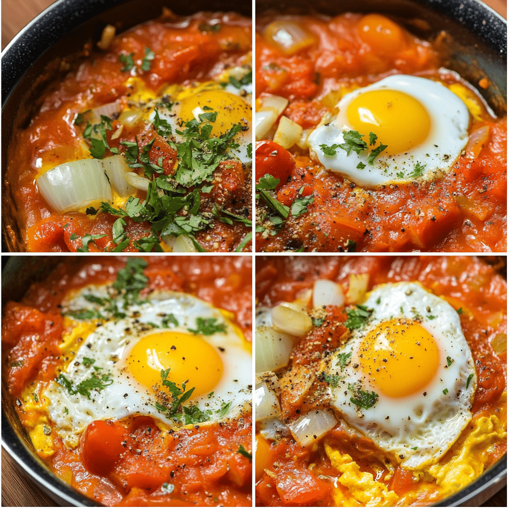 Four panel collage showing the steps for making shakshuka