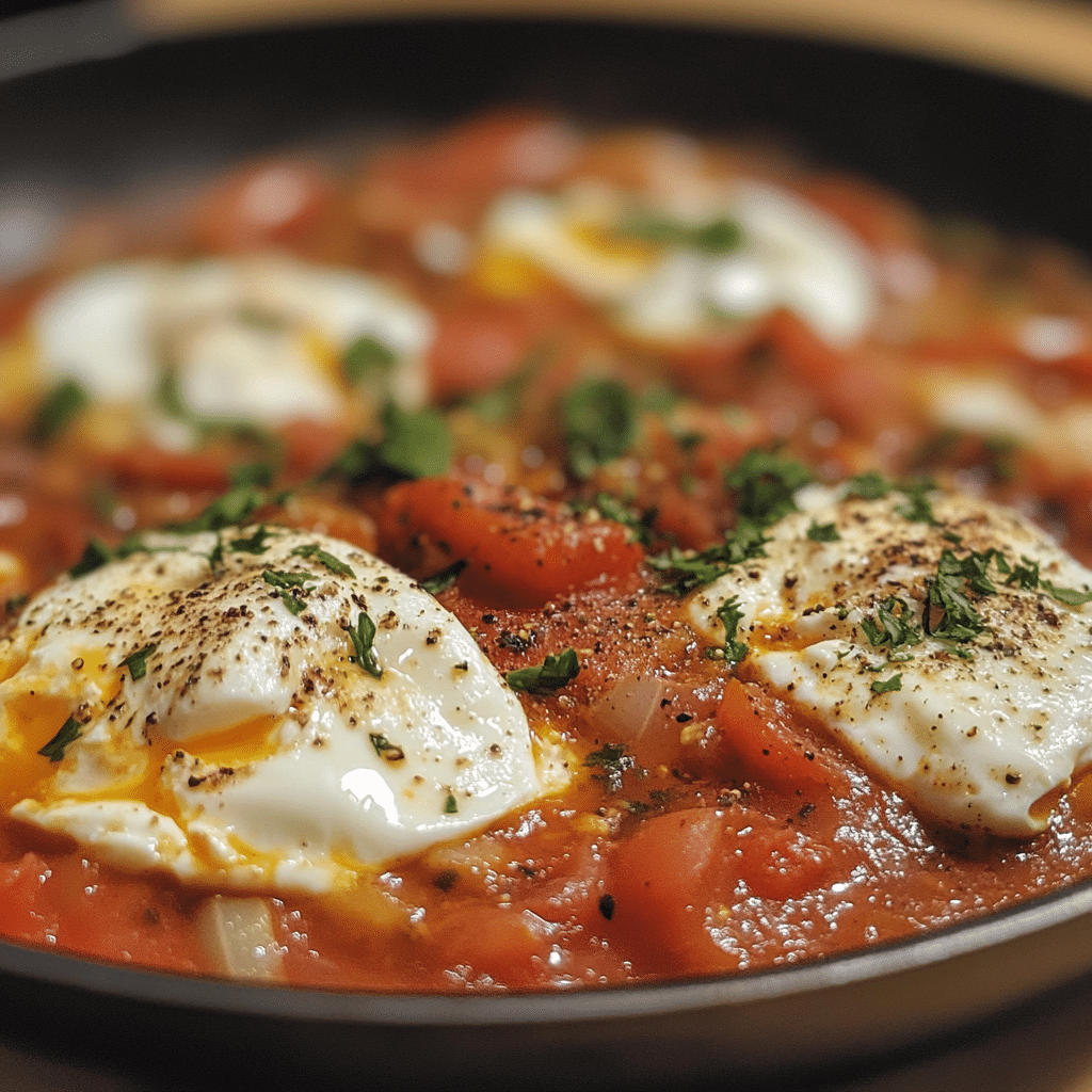 Poached eggs in a spicy tomato sauce with cumin and paprika