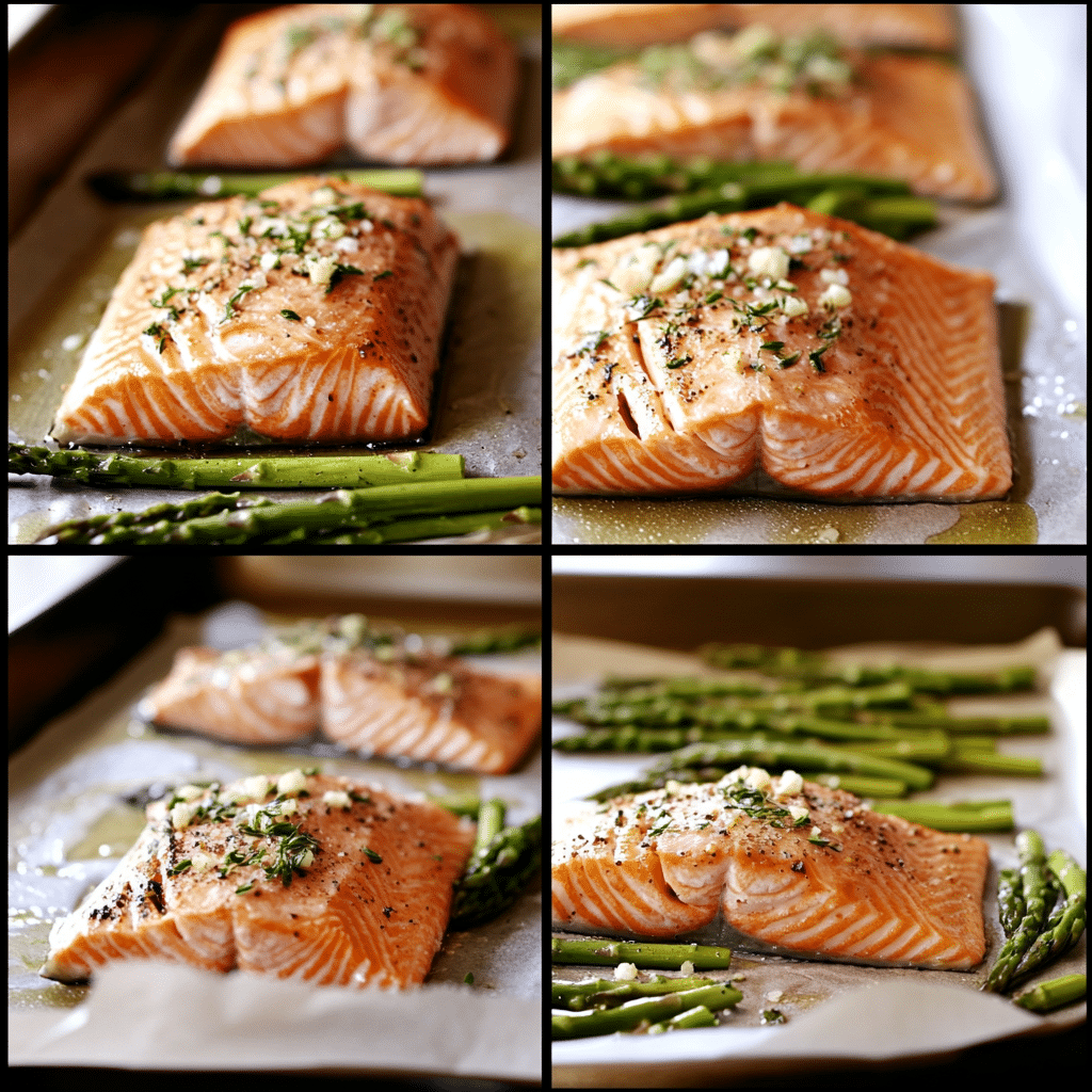 Four panel collage showing the steps for making sheet pan salmon and asparagus