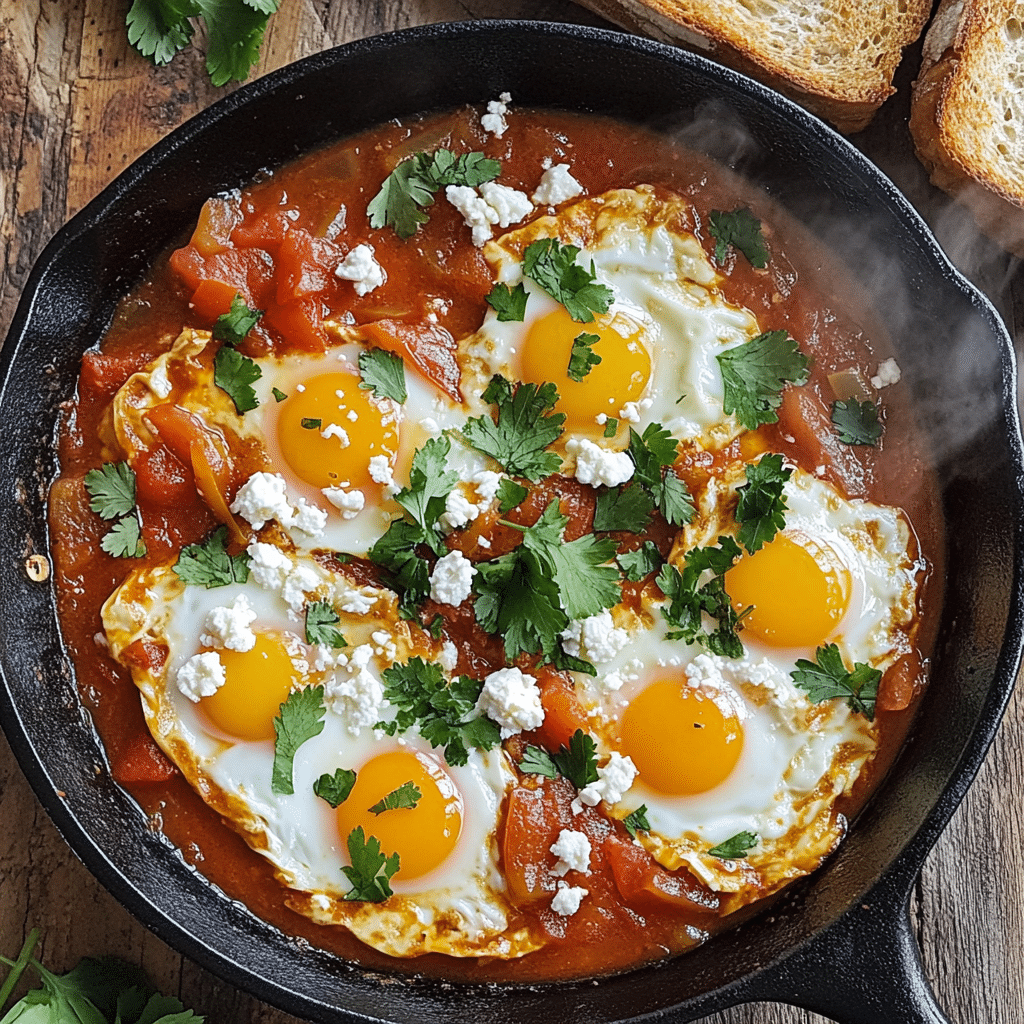 Shakshuka skillet with eggs in tomato pepper sauce topped with herbs and feta