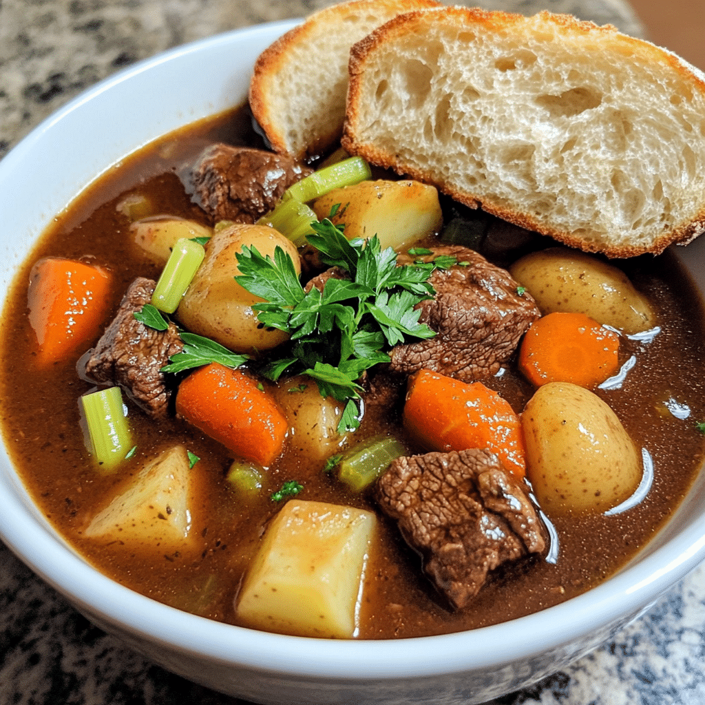 bowl of beef stew with beef chunks carrots potatoes in brown broth
