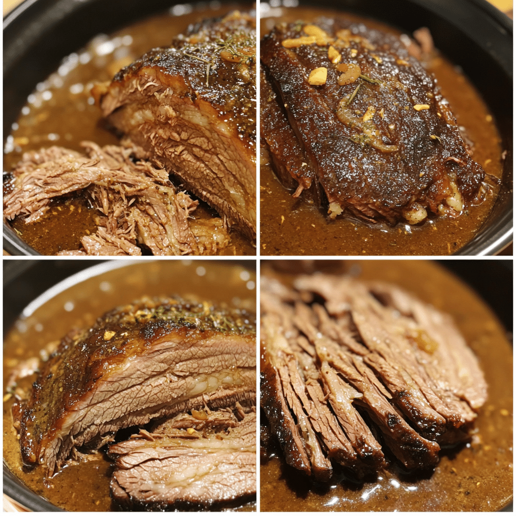 Four panel collage showing the steps for making slow cooker brisket