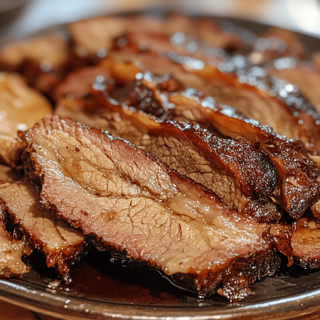 Slow-cooked brisket with tender slices