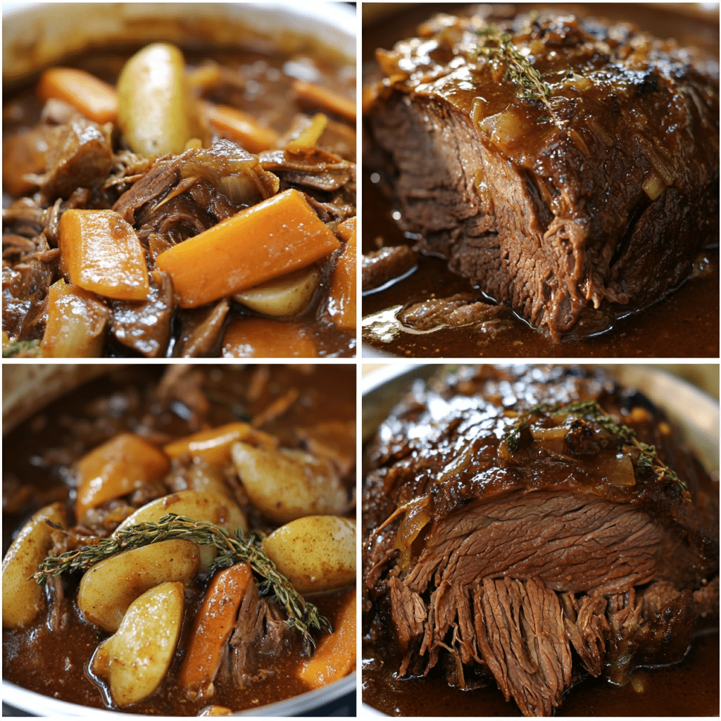 Four panel collage showing the steps for making slow cooker pot roast