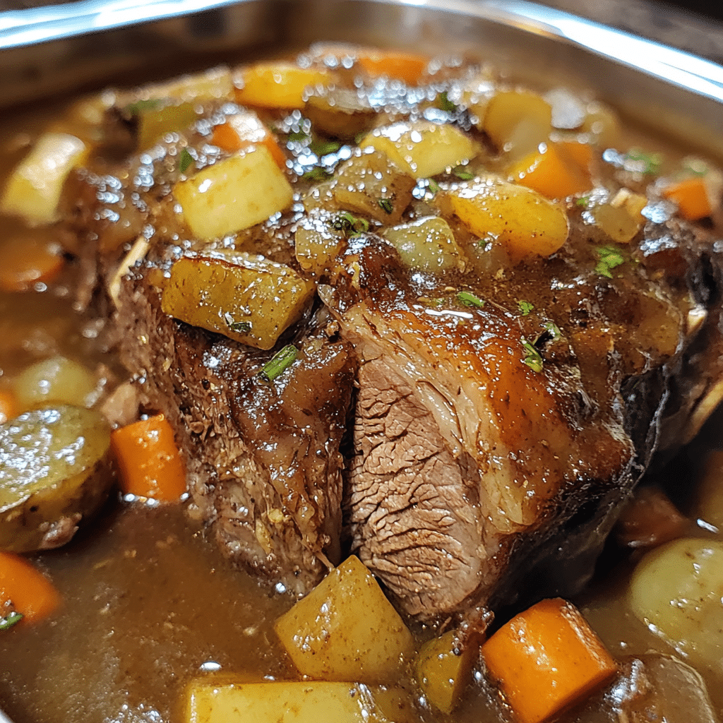 Pot roast with carrots, potatoes, and gravy