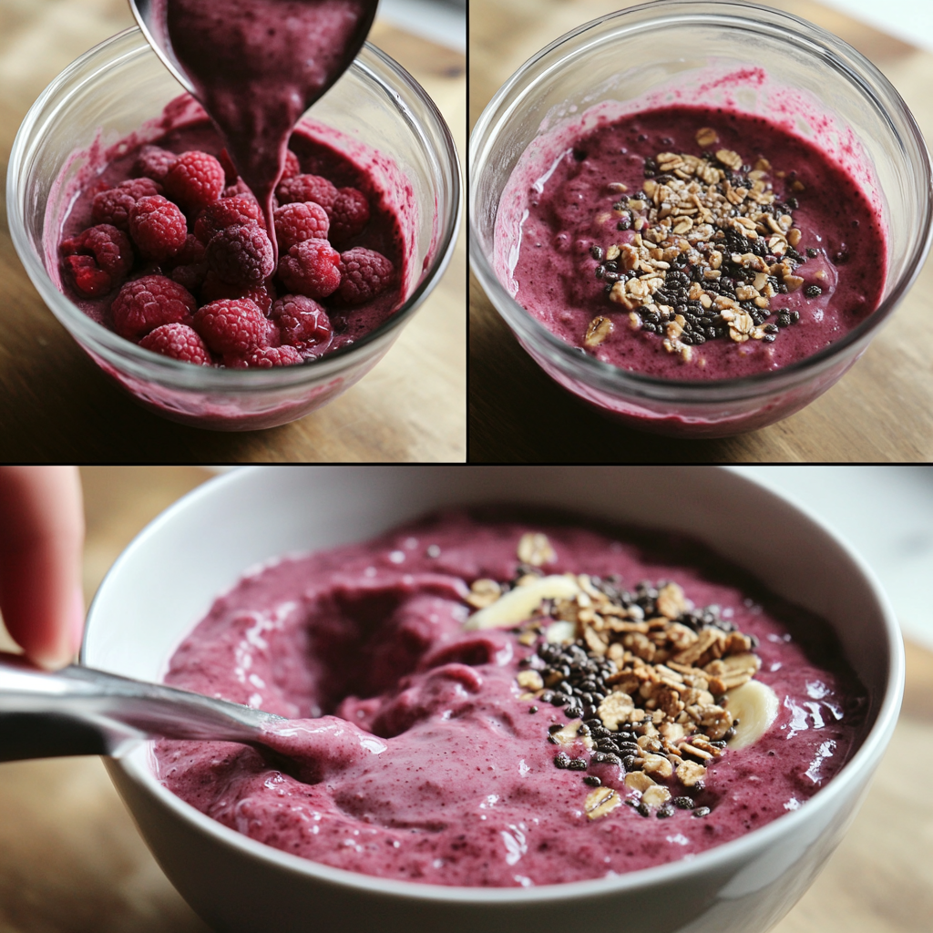 Four panel collage showing the steps for making smoothie bowls