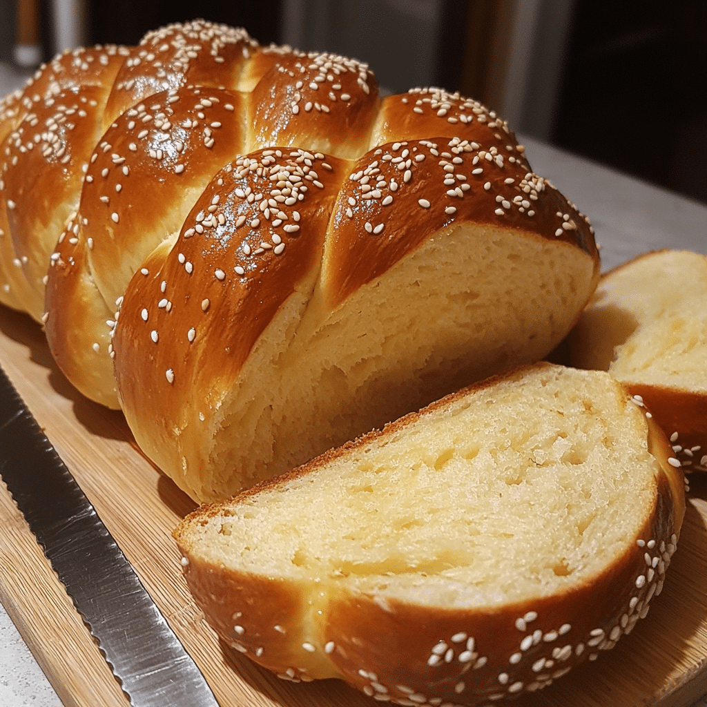 braided challah bread loaf with sesame seeds sliced showing fluffy crumb