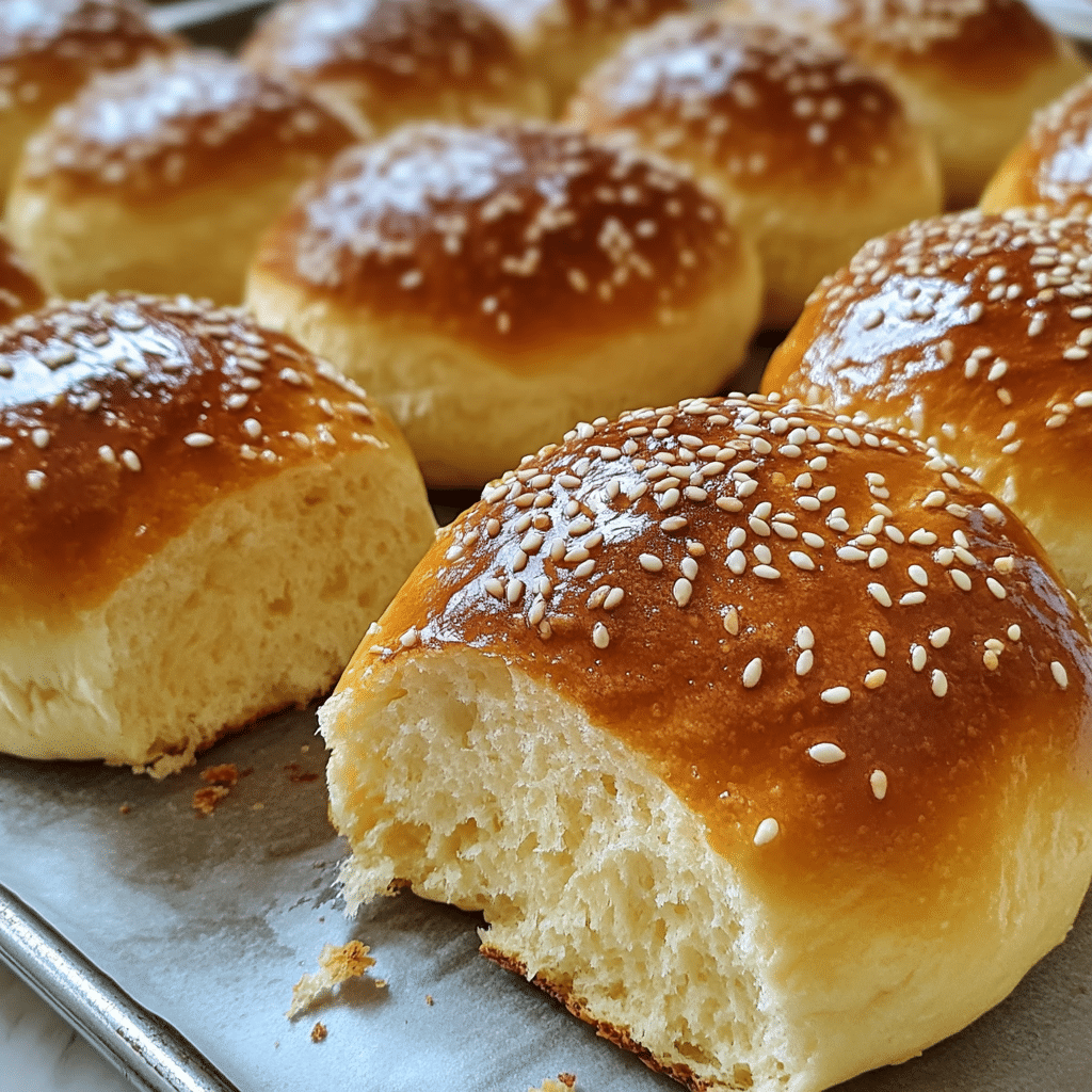 brioche buns with shiny golden tops and sesame seeds sliced showing fluffy crumb