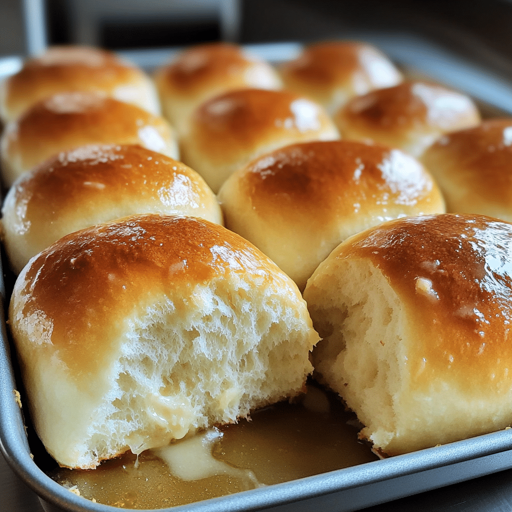 homemade dinner rolls in a pan with golden tops brushed with butter