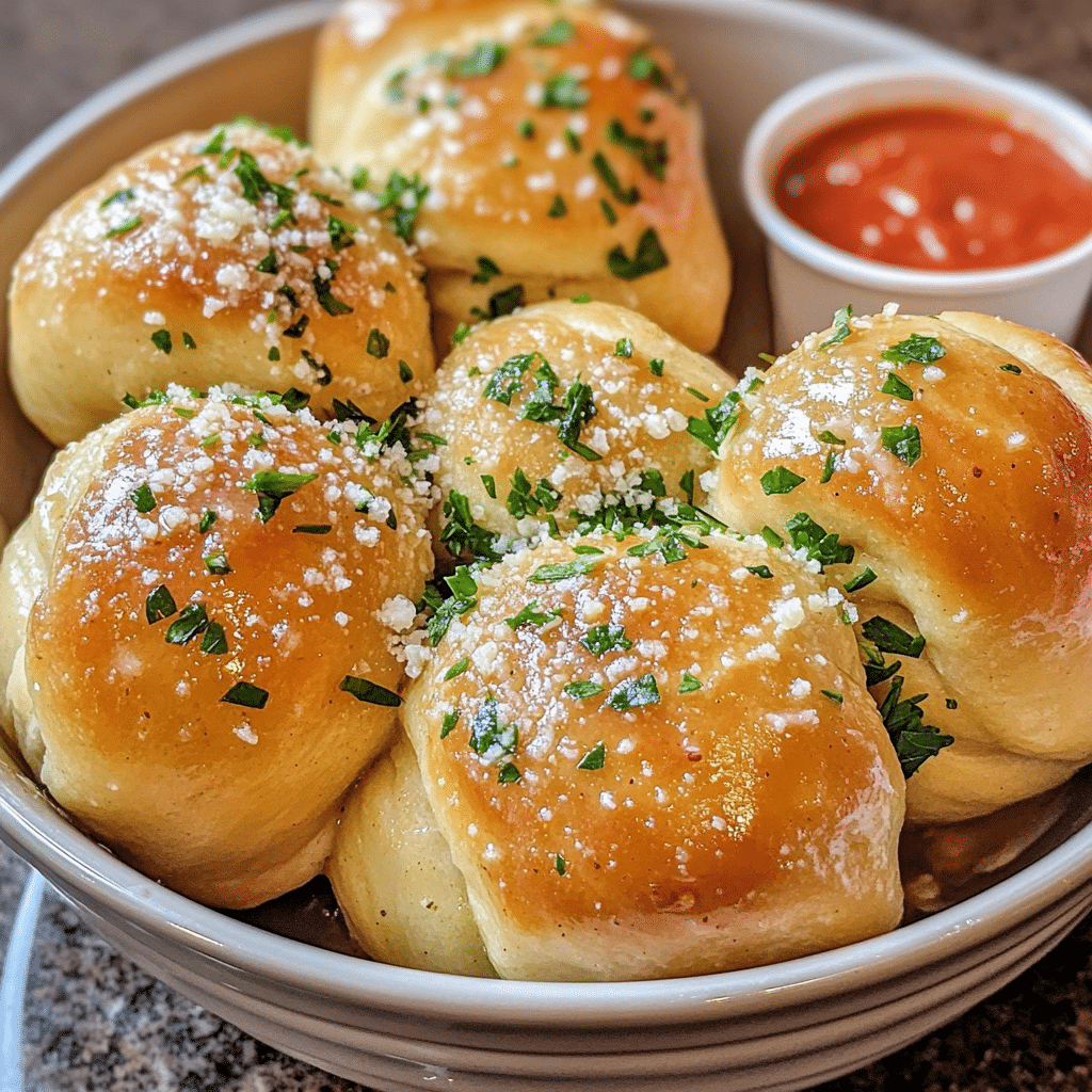 garlic knots in a bowl with garlic butter parsley parmesan and marinara dip
