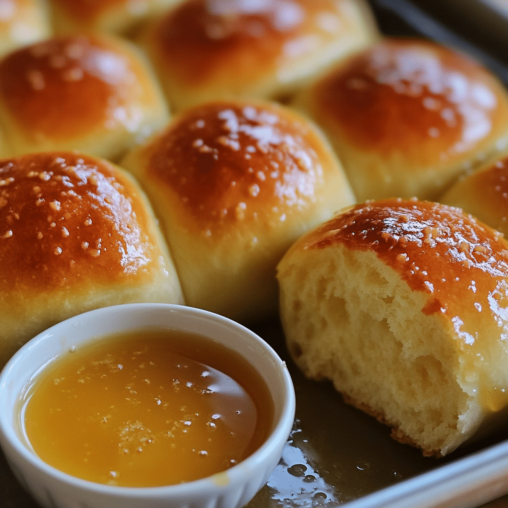 honey butter buns with glossy golden tops brushed with honey butter in a pan