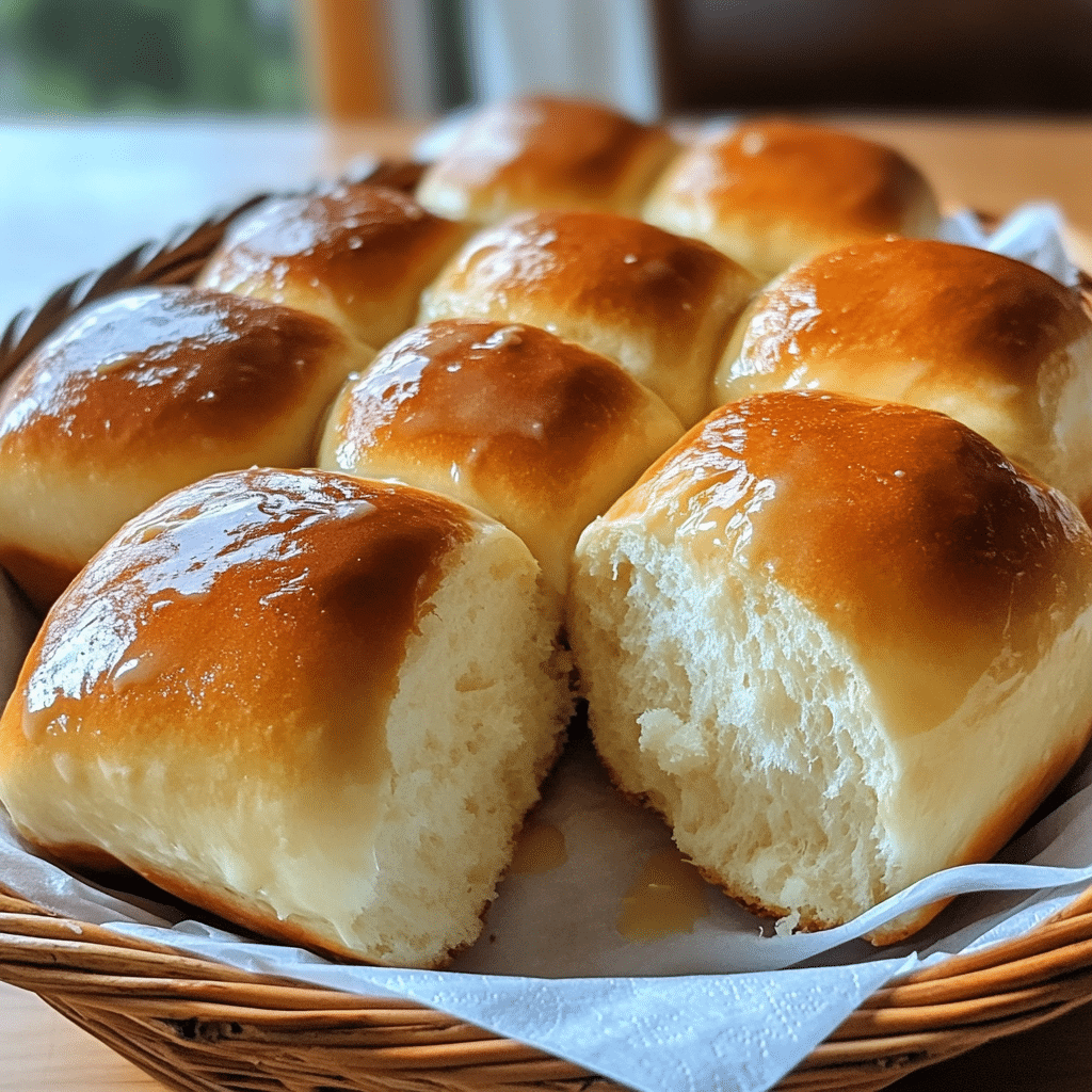 parker house rolls with folded shape and buttery golden tops in a basket