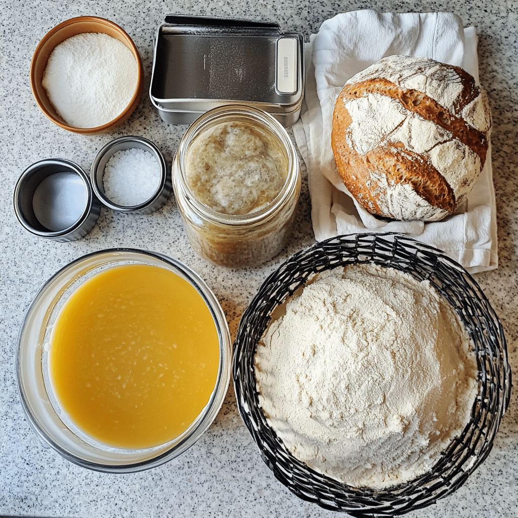 ingredients for sourdough bread including active sourdough starter bread flour water and salt