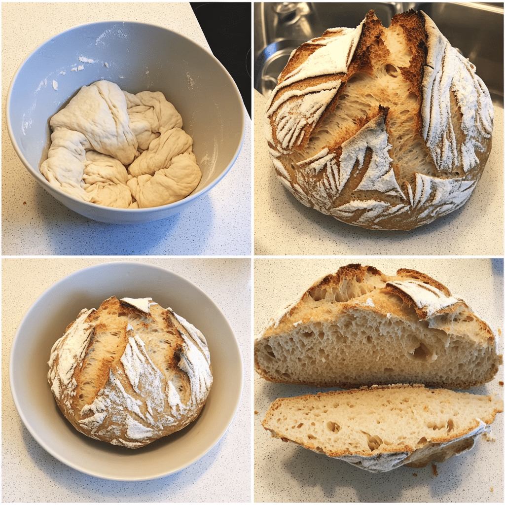 four panel collage showing steps to make sourdough bread from mixing to baking