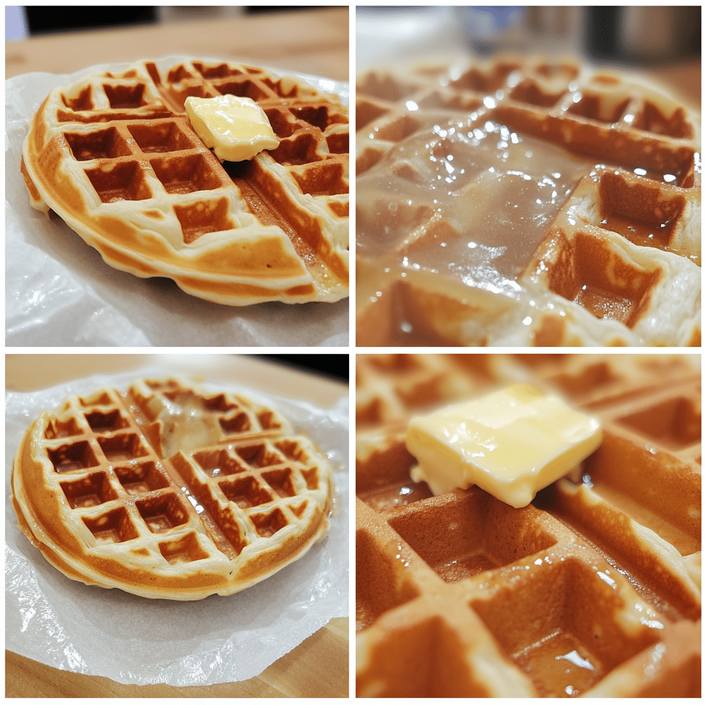 Four panel collage showing the steps for making sourdough waffles
