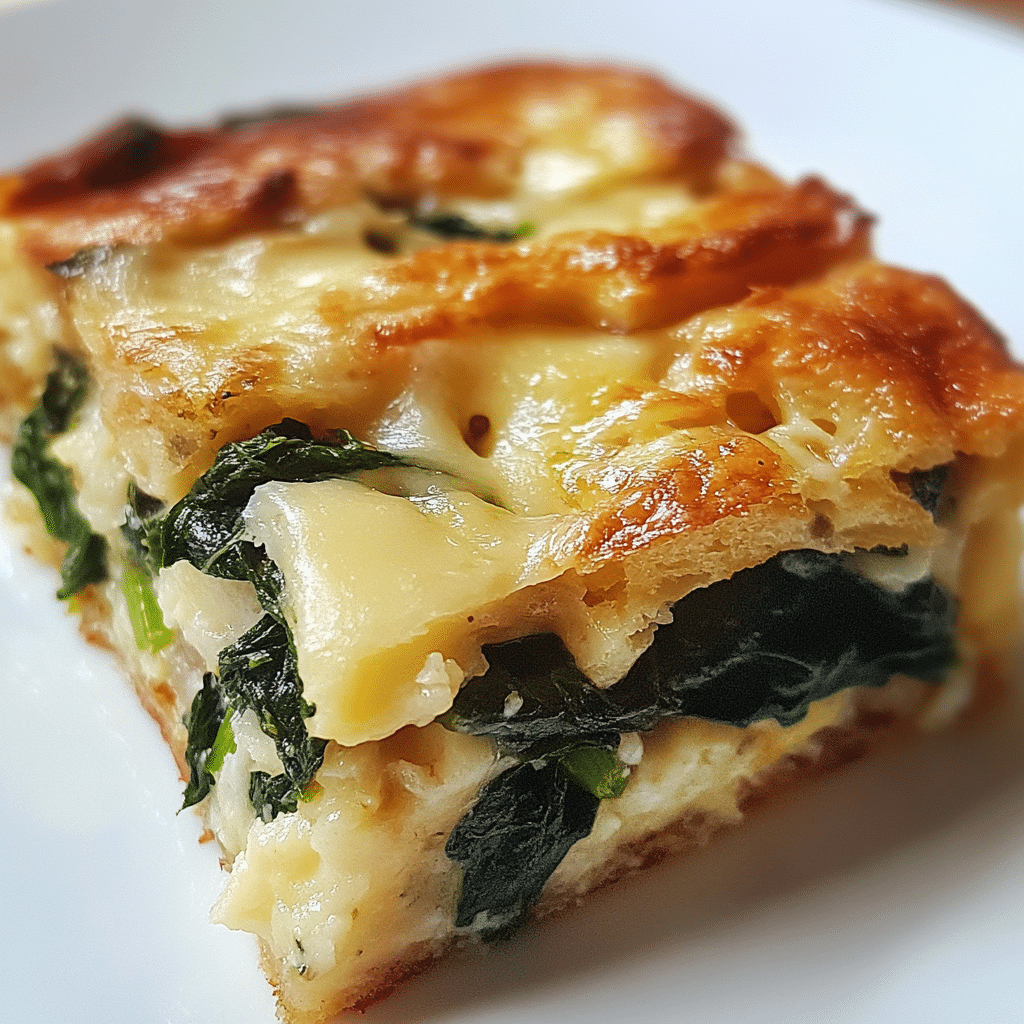 A slice of spinach and cheese breakfast strata, perfect for brunch