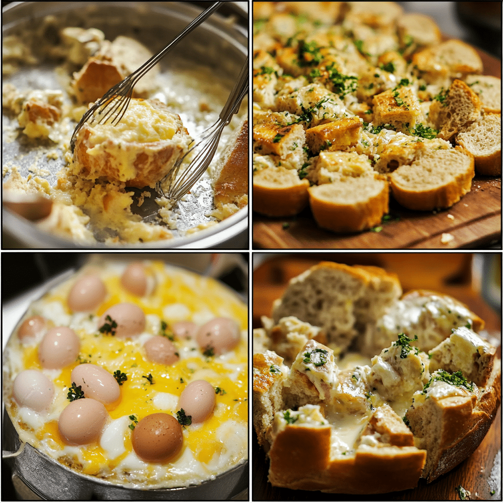 Four panel collage showing the steps for making spinach and cheese strata