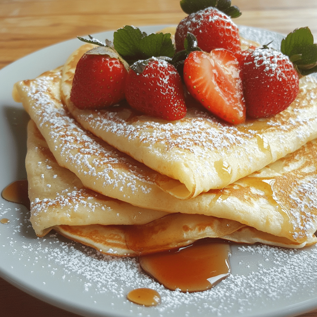 A stack of delicate crepes topped with strawberries, powdered sugar, and maple syrup