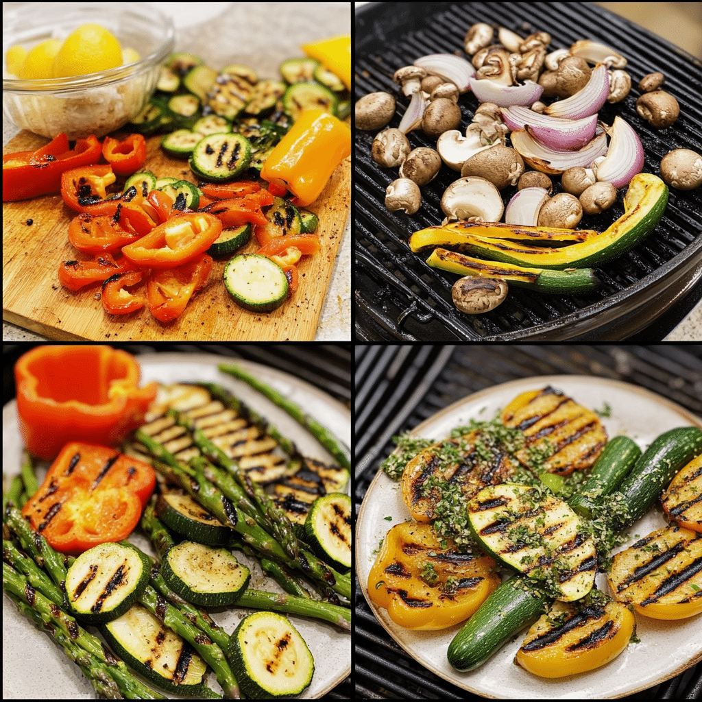 four panel collage showing steps for making grilled vegetables from prep to finished platter