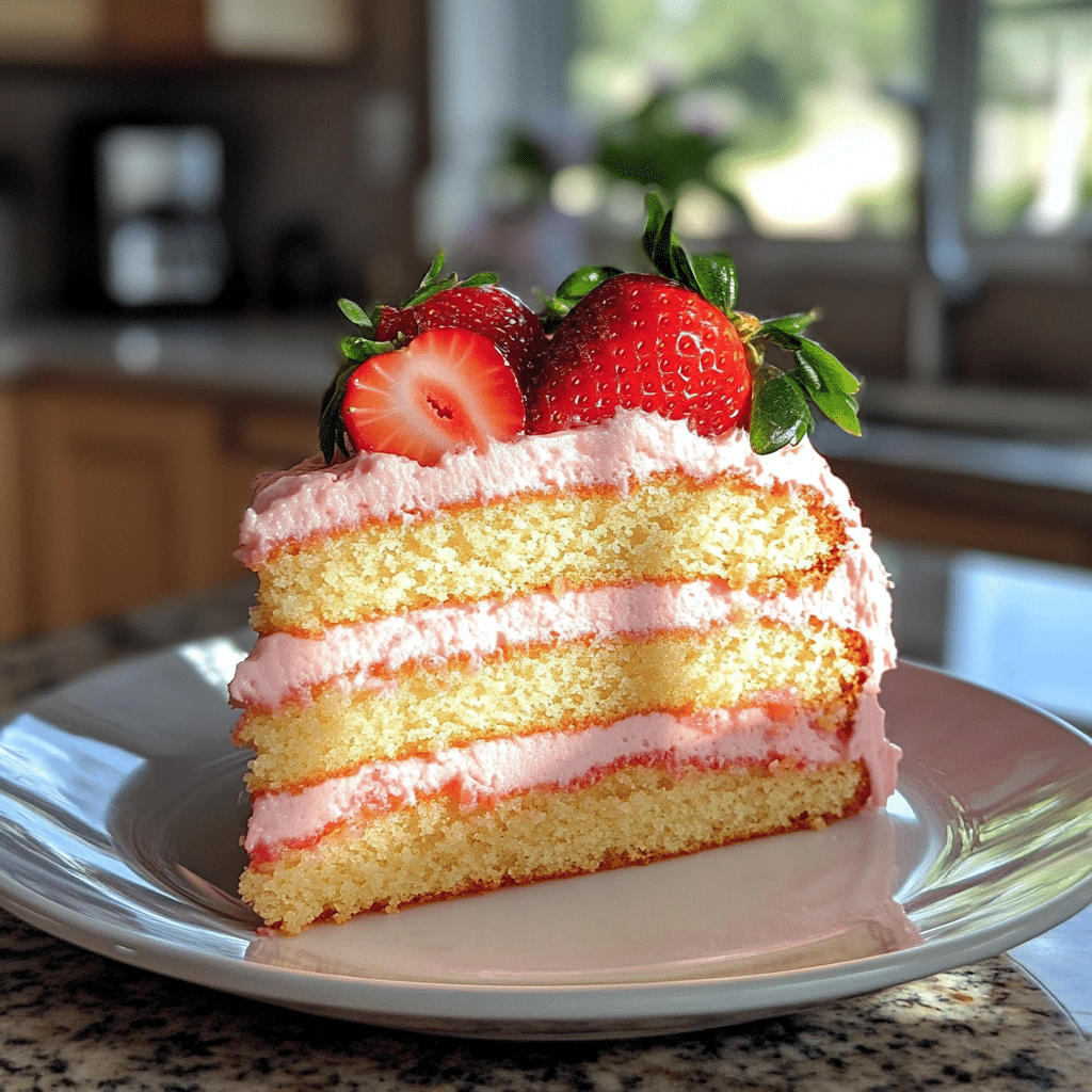 A slice of strawberry cake with pink frosting and strawberries