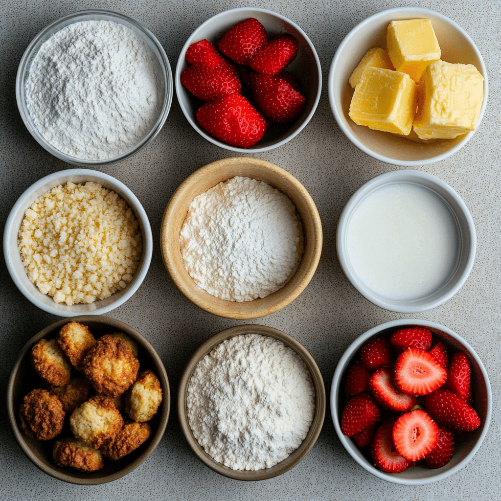 Muffin ingredients including flour, sugar, yogurt, eggs, milk, butter, and diced strawberries on a kitchen counter