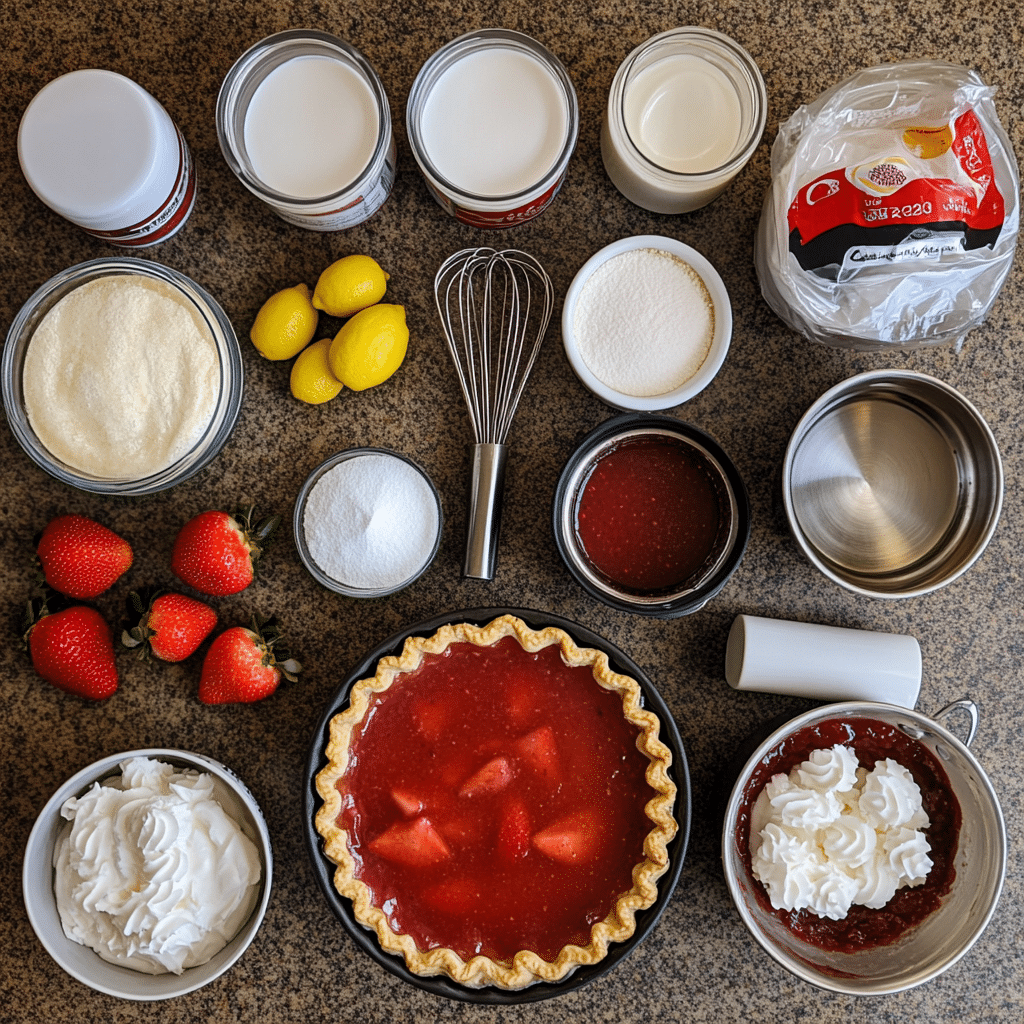 ingredients for strawberry pie including baked pie crust fresh strawberries sugar cornstarch lemon and saucepan