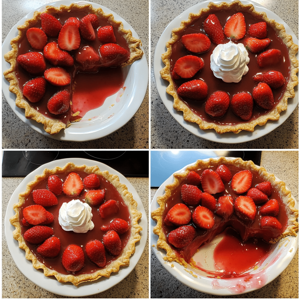 four panel collage showing steps to make fresh strawberry pie