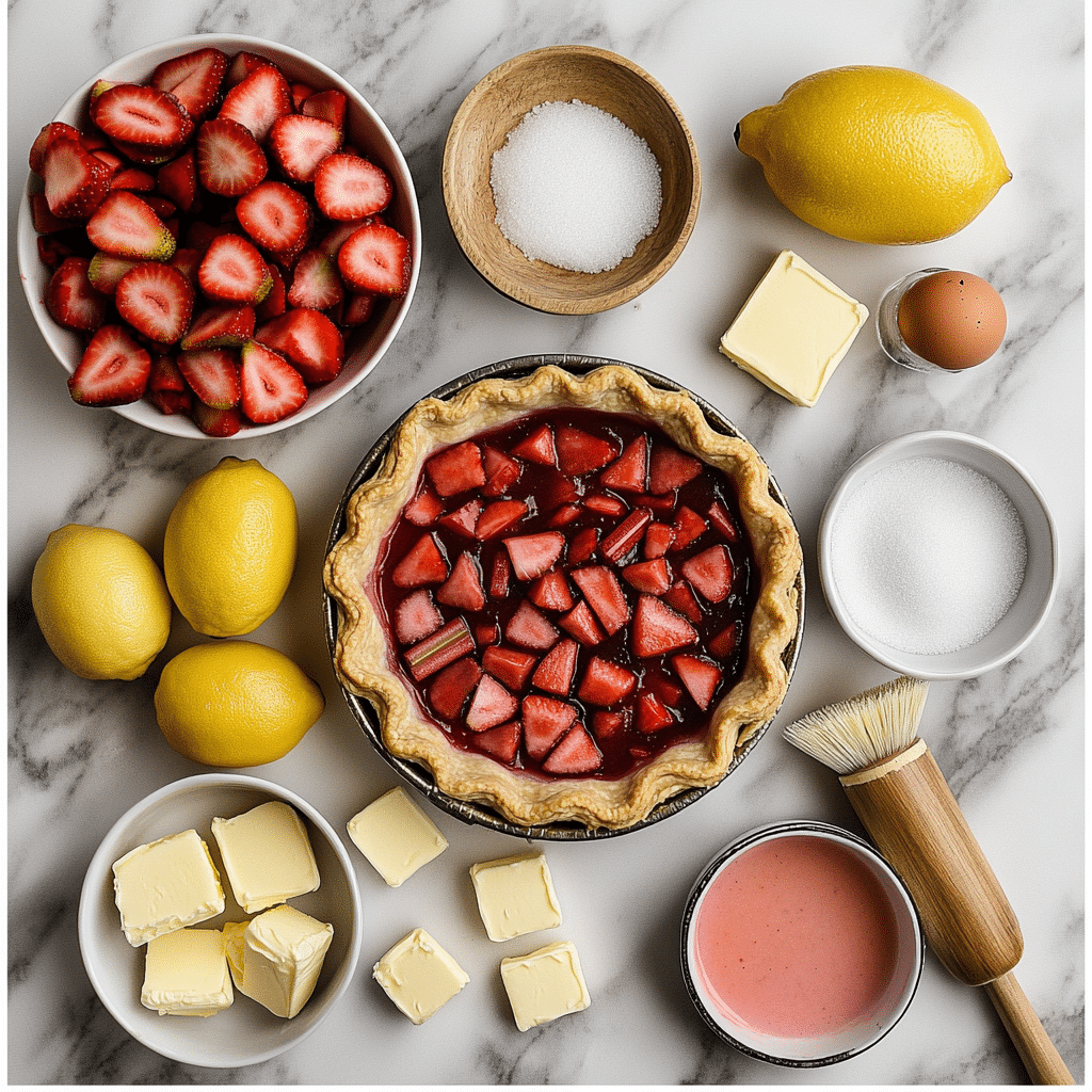 ingredients for strawberry rhubarb pie including strawberries rhubarb sugar cornstarch lemon butter and pie crust